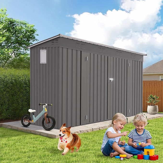 YOPTO 4x9 FT Outdoor Storage Shed,Metal Shed W/Window,Garden Storage Shed W/ 6 Air Vents & 2 Swing Doors,Weatherproof Tool House W/Sloped Roof,for Backyard Patio Lawn,Gray
