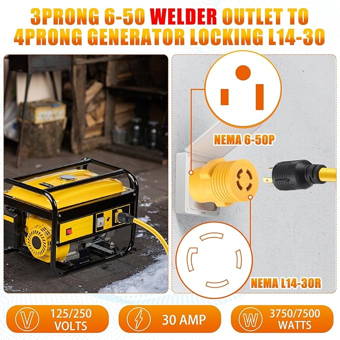 Kanayu NEMA 6-50P to L14-30R 30 Amp Welder Adapter, 50 A 6-50P Male to 30A L14-30R Female, 3 Prong Welding Outlet to 4 Prong Generator Locking Plug Generator to Welder Adapter