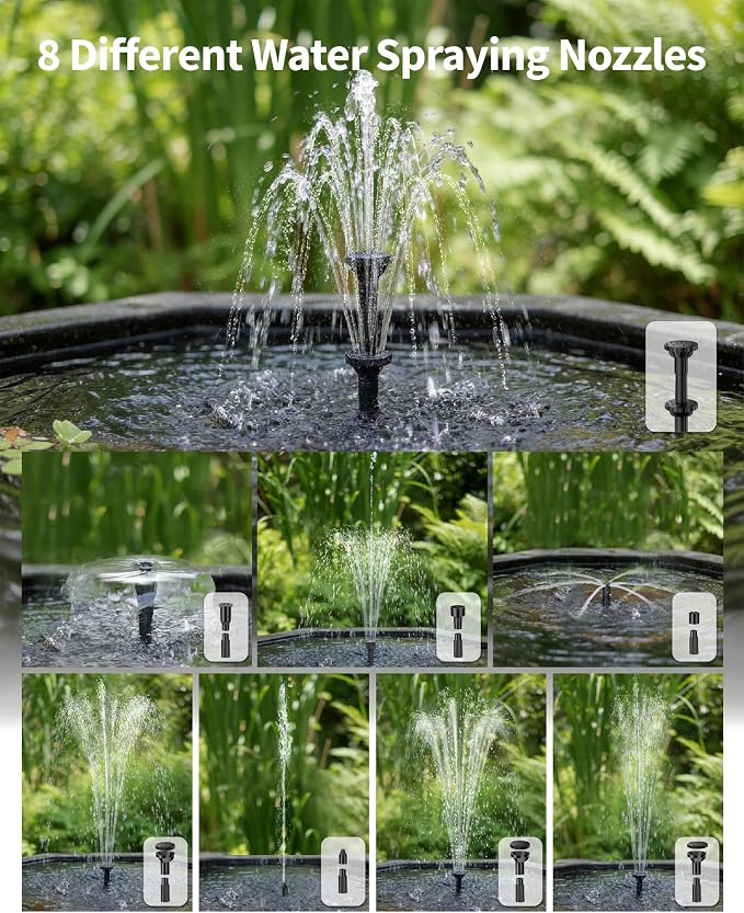 POPOSOAP 6.5W Solar Pond Filter Built-in Battery Backup, Solar Water Fountain Pump with Pond Filter, 8 Nozzles & PVC Tubing for Bird Bath, Small Ponds, Fish Tanks, Water Features P3065D