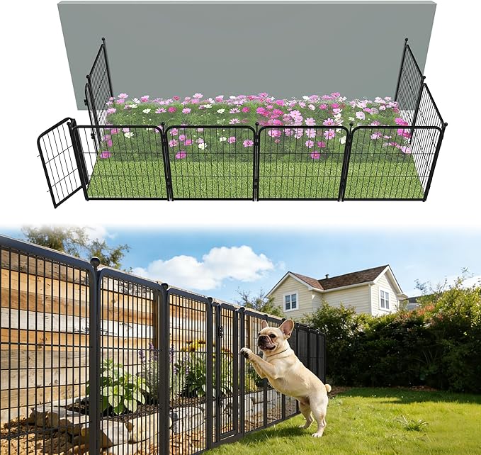 FXW Garden Fence Outdoor for the Yard – 24in(H) x 15.2ft(L) Heavy Duty Metal Animal Barrier for Dog, No Dig Decorative Dog Fence, 8 Panels, Black