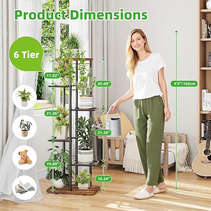 Simple Trending Plant Stand Indoor Outdoor, 6 Tier Plant Shelf, Tall Corner Flower Pot Holder, Metal Display Rack for Patio Balcony Living Room,Brown