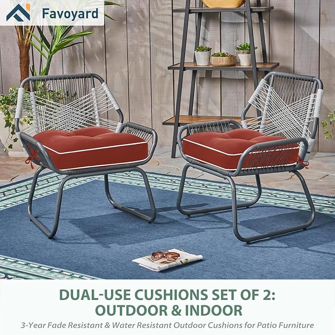 Favoyard Patio Chair Cushions 19 × 19 Inch Water Resistant & 3-Year Color Fastness Outdoor Chairs Cushion for Seat Dining Rocking Wicker Chair Cushion with Tie Straps Tufted Square Pads, Red, 2 Pack