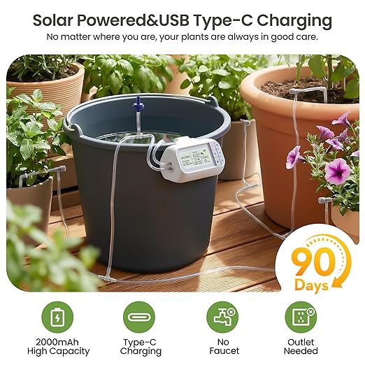 Automatic Drip Irrigation Kit, USB Rechargeable Auto Plant Watering System with Programmable Timer, Anti-Siphon Valve, DIY Irrigation System for up to 15 Outdoor/Indoor Potted Plants