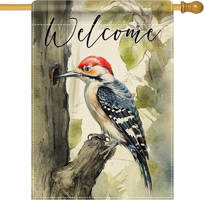 Artofy Welcome Woodpecker Large Decorative House Flag, Spring Summer Watercolor Bird Tree Yard Garden Outside Decor, Seasonal Burlap Outdoor Home Decoration Double Sided 28 x 40
