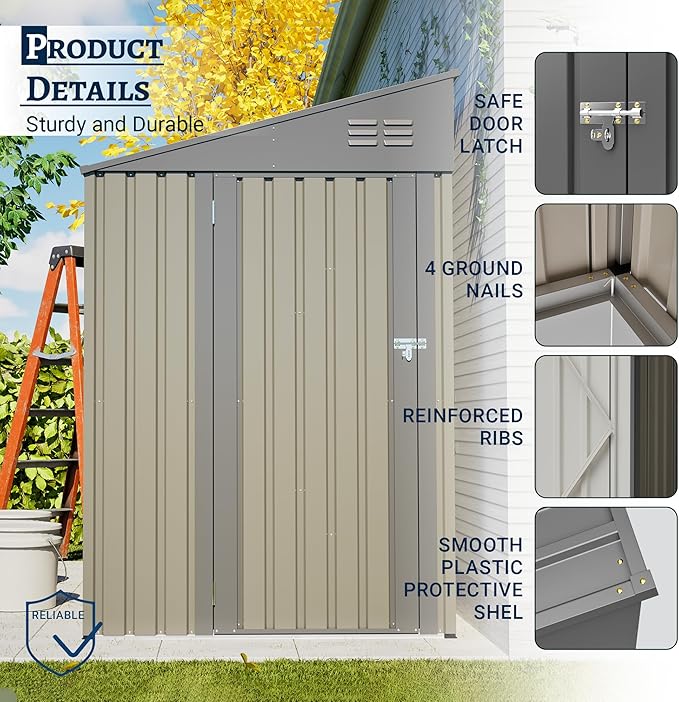 YOPTO 4x7 FT Outdoor Storage Shed Lean to Shed,Metal Shed W/Lockable Door & Air Vent,All Weather Waterproof Garden Tool House W/Reversible Installation,for Backyard,Patio,Lawn,Olive Gray