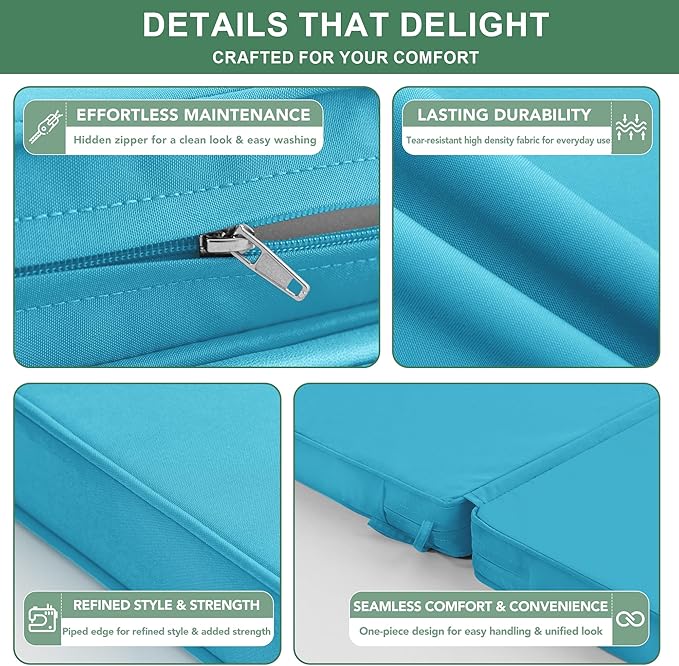 Summsun Patio Dining Chair Cushions with Non-Slip Bottom, Water Resistant Outdoor Seat Cushion with Ties, Removable Covers for Garden Lawn Patio Furniture, 44 x 20 Inch, Teal, Set of 4
