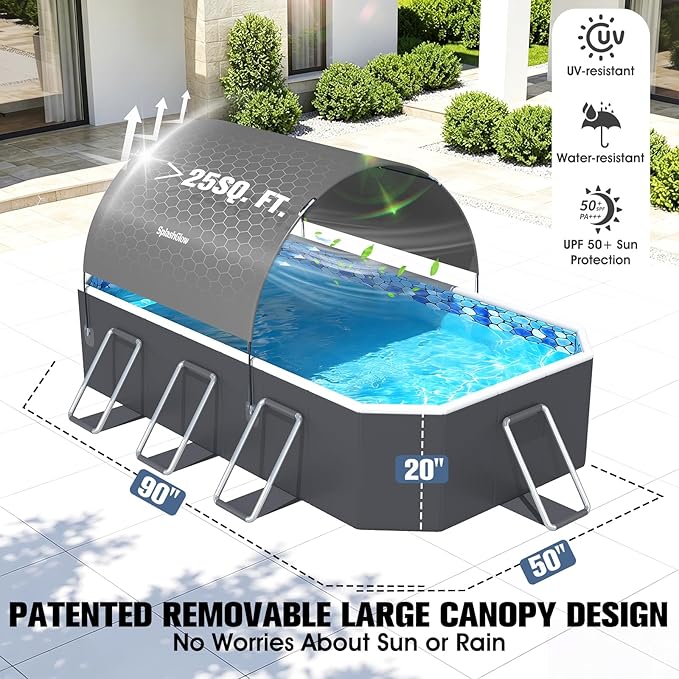 Foldable Pool with Canopy, Non Inflatable Pool, Large Foldable Swimming Pool for Adults Portable Pool, Large Collapsible Pool with Shade, Folding Hard Plastic Pool for Backyard(90"x50"x20")- Gray