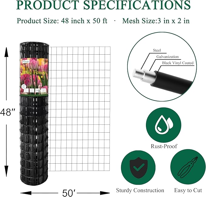 FOREHOGAR Black PVC Coated Welded Wire Fence 48 Inch x 50 Foot, 2 Inch x 3 Inch 16GA, Garden Border Fencing Roll Vinyl Coating Metal Wire Mesh for Yard Vegetable Plant Protection Poultry Netting