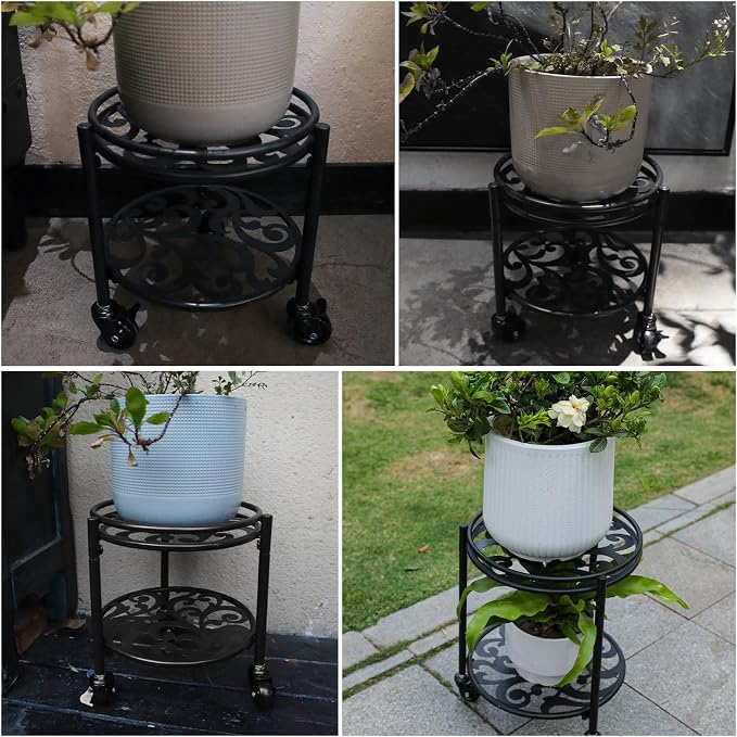 2 Tier Heavy Duty Rolling Plant Stand – 150 lbs Capacity Flower Pot Holder with Wheels for Indoor & Outdoor, Easy Move Cart for Balcony, Patio, Garden, 2 Pack Black