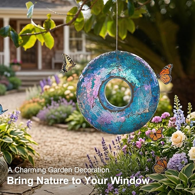 Fly Through Wild Bird Feeder Garden Hanging Bird Feeder Mosaic Circle Squirrel Proof for Outdoor Decoration,Blue