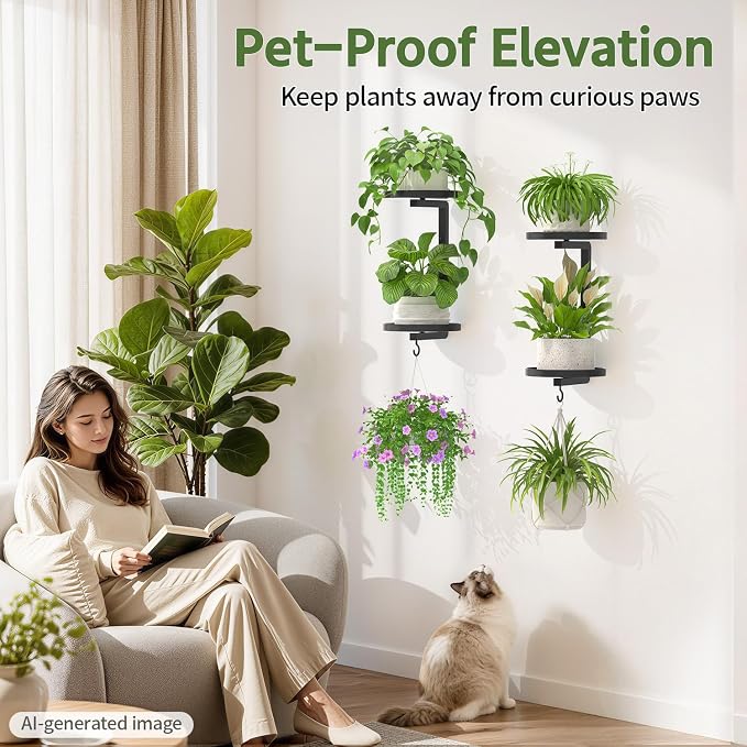 LASZOLA Plant Hangers Holder Wall Mounted Indoor, Metal 2 Tier Window Hanging Plant Shelves, 2Pcs Modern Floating Flower Display Stand with 2 Hooks for Outdoor Kitchen Bathroom Decor, Black