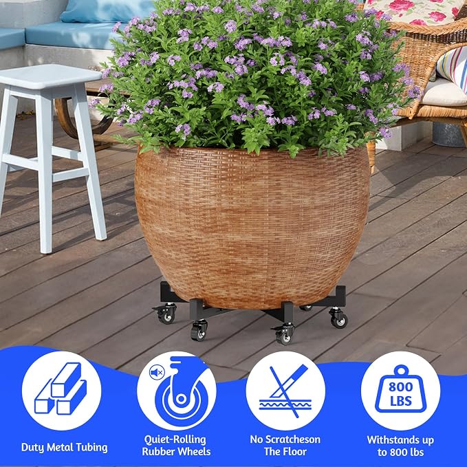 Plant Caddy With Wheels, Adjustable 16in to 23inch Metal Plant Stand | Heavy Duty Rolling Plant Dolly, With 4 Lockable Caster Wheels, For Indoor Outdoor Large Pots Planter, Holds Up to 800 Lbs