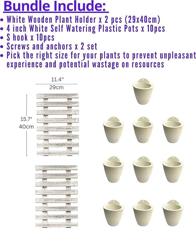ShopLaLa Bundle- 4" White Self Watering Plastic Pots x 10 Pack + White Wooden Hanging Planters x 2 Pack Vertical Wall Mounted Pot Holder Indoor Plants Modern Hydroponic Herb Succolent Garden LaLaGreen