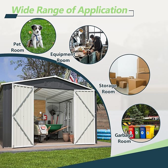 KEIKI Storage Shed 10x10 FT, Large Metal Tool Shed for Outdoor Storage, Galvanized Steel Garden Shed with Lockable Doors for Patio, Backyard, Lawn, Black
