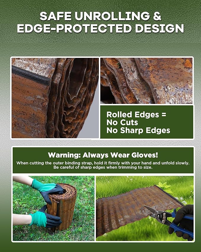 Corrugated Metal Garden Edging, Sturdy Rusty Garden Edging Border for DIY Flower Bed, Lawn and Landscape Edgings, Hemmed Edges Design, Easy Installation with Garden Gloves (20 FT x 10 in)