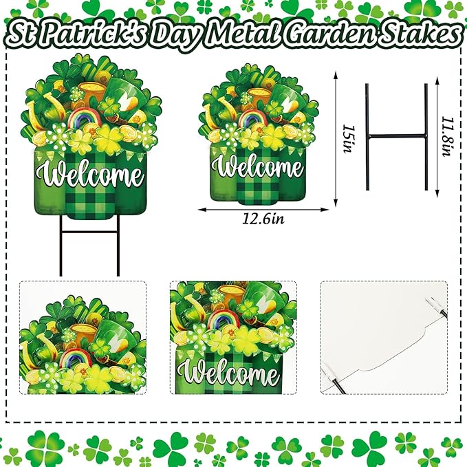 JarThenaAMCS St. Patrick' s Day Metal Garden Stake Welcome Yard Sign Watercolor Green Clover Shamrock Vase Decorative Lawn Sign for Irish Holiday Home Outside Lawn Porch Walkway
