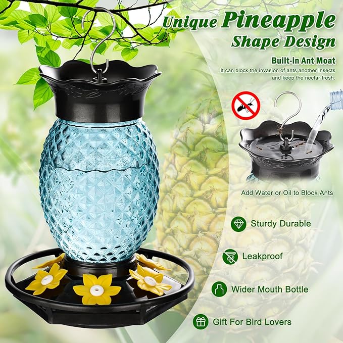 Fchstaer Glass Hummingbird Feeders for Outdoors Hanging Ant and Bee Proof 16OZ 2 Pack Blue Pineapple Humming Bird Feeder with 6 Feeding Ports and Ant Moat Hummingbird Gifts for Women Garden Decor
