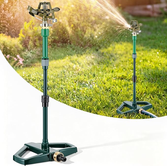 Heavy Duty Impact Pulsating Sprinkler with 16-30" Adjustable Aluminum Sprinkler Riser, All Metal Rotating Circular Impulse Lawn Sprinklers for Medium to Large Lawn Garden Area, Coverage up to 5800 Sq