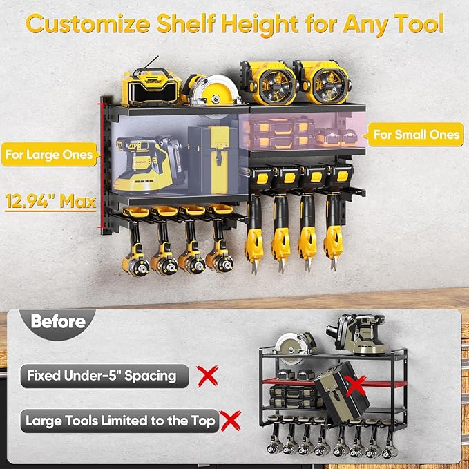 POKIPO Large Modular Power Tool Organizer Wall Mount With 6 Adjustable Shelf, Heavy Duty Iron Tool Storage Rack Loads 300lbs with 8 Cordless Tools Drill Holder,Battery Utility Rack for Garage Workshop