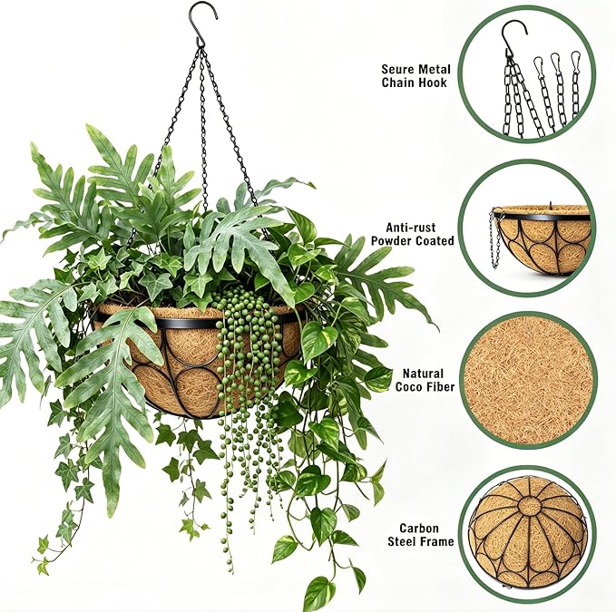 4 Pack 12 Inch Hanging Planters for Outdoor Plants，Large Wire Flower Hanging Basket with Coco Liners for Balconies, Patios, Porch, Terraces Decor