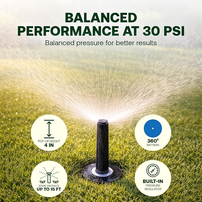 Rain Bird 1804FSPRS Pressure Regulated 1800 Series Dual Spray 4 Inch Pop Up Sprinkler Head, 4 Pack - Water Efficient Lawn Sprinkler with 360 Degree Pattern, 1/2 Inch NPT, Up to 15 Ft Spray Distance