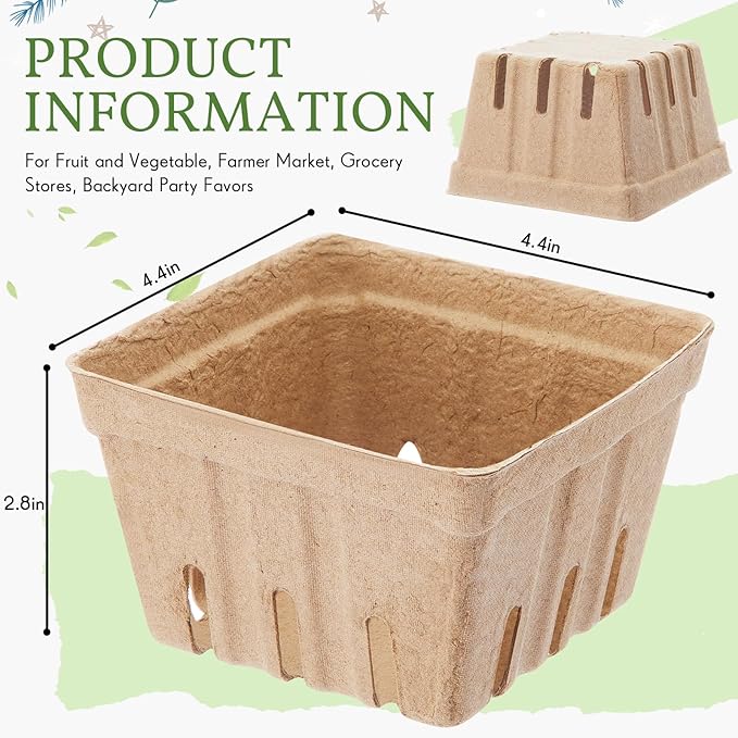 Reallnaive 50 Pack Natural Pulp Fiber Berry Baskets 1 Pint, Small Molded Produce Vented Basket for Strawberry, Blueberry, Raspberry, Vegetables, Farmers Market, Fruit Picking, Garden Harvest, Party