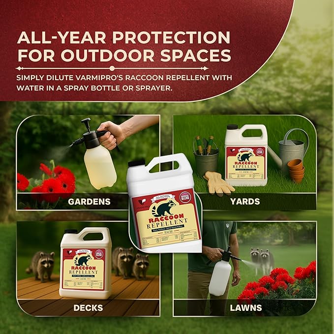 VarmiPro Raccoon Repellent Outdoor Spray Concentrate 32 oz – Natural Raccoon Deterrent for Yard, Garden & Lawn, Animal Repellent Outdoor Spray to Keep Raccoons Out of Your Yard
