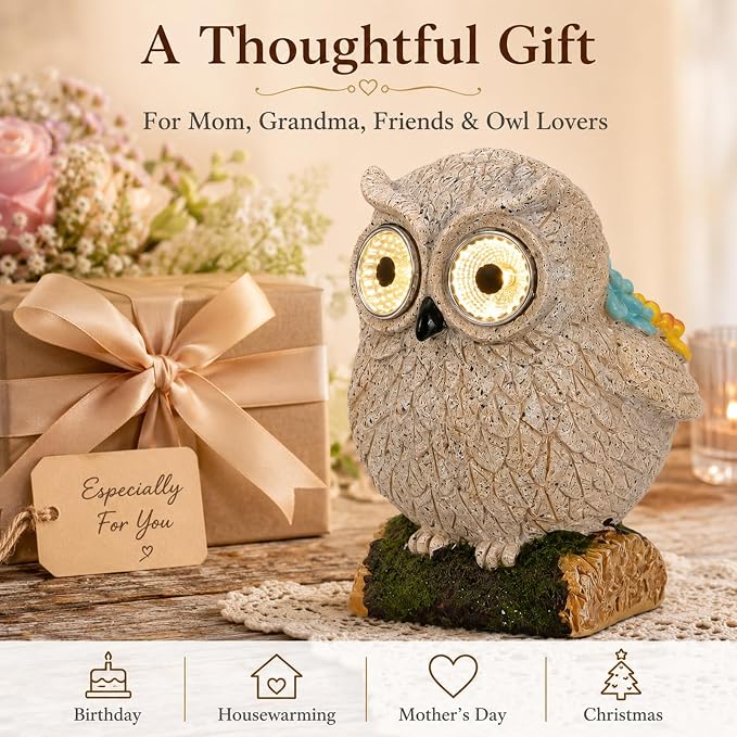 mocosa Solar Garden Statues Owl and LED Lights Birthday Gifts for Women Mom Grandma Solar Outdoor Cat Decor for Outside,Outdoor Solar Lights for Yard, Garden and Patio, Unique Gift for Women