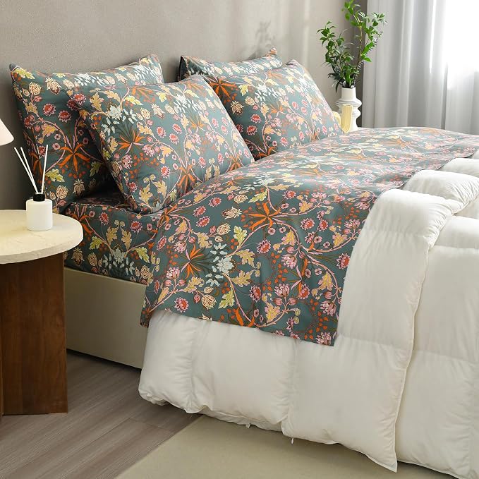 QSH Egyptian Cotton Floral Bed Sheets Queen Size,Luxury Silk Feel Paisley Botanical Pattern Printed Floral Sheets Sets Queen Extra Soft and Breathable 4pcs Deep Pockets Elegant Bedding Sheets