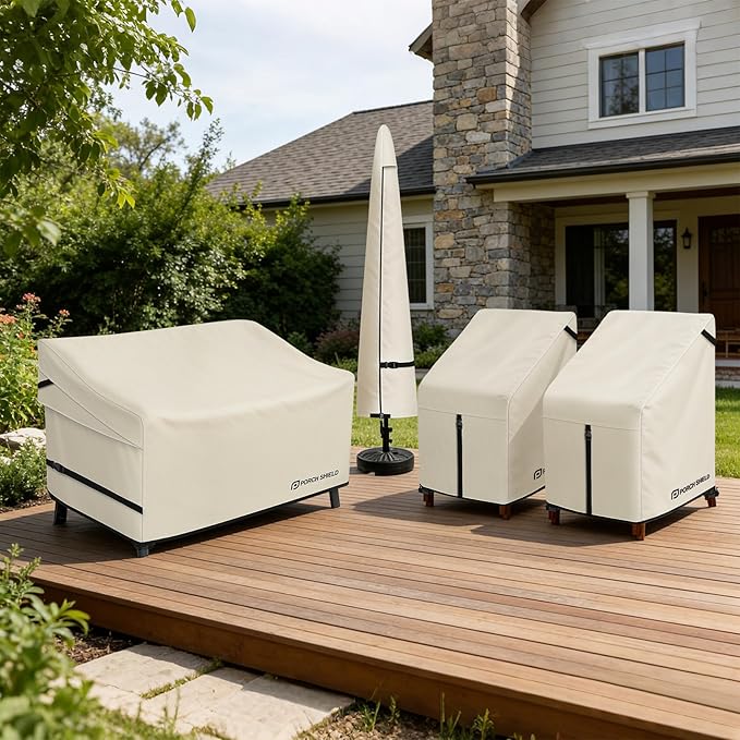 Porch Shield Patio Stackable Chair Covers - Waterproof Outdoor Stack of Chair Cover - 27W x 33D x 46H inch, Beige