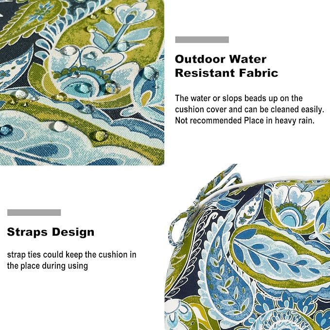 DYTXIII Set of 2 Outdoor Chair Cushions with Ties,Water Repellent Patio Chair Pads 17"x 16" for Outdoor Furniture,Round Corner Seat Cushions for Garden Yard Kitchen Paisley Lapis Green