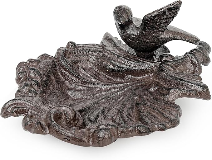 Sungmor Cast Iron Bird Feeder Dish, Rustic Brown Small Bird Feeding Tray, Decorative Leaf-Shaped Outdoor Bath Bowl Food Container for Garden, Patio or Yard