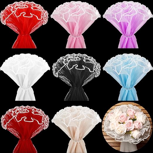 Gilprop 8 Pcs Flower Wrapping Mesh Paper, 11 Inch x 4 Yard Wavy Pearl Edge Wrinkled Flower Packaging Mesh, Florist Supplies for Teacher Mother's Day Gifts (Multicolor)