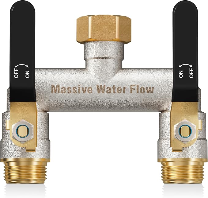 Hose Splitter 2 Way Heavy Duty, Garden Hose Splitter with 304 Stainless Steel Long Handle, Full Flow Brass Nickel Plated Water Hose T Spigot Splitter Adapter Connector, 3/4 - Inch GHT Thread (Black)