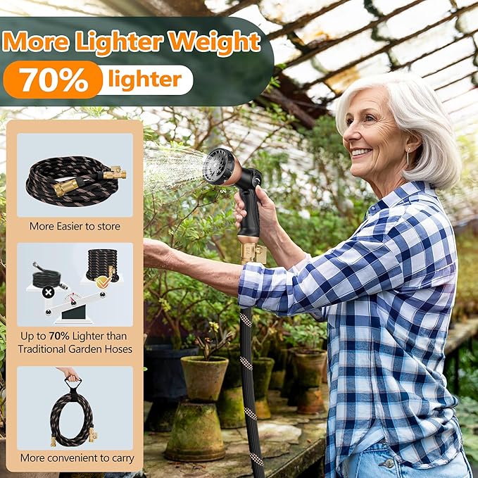100FT Garden Hose w/10 Function Spray Nozzle, 2026 Ultra Lightweight Water Hoses, 3/4" Brass Connectors- Durable, Lightweight & Flexible Water Pipe for Outdoor & Gardening(Black Rose gold)