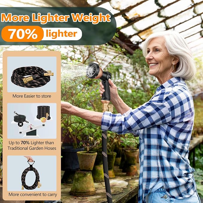 Garden Hose 50ft, 2026 Ultra Lightweight Water Hoses w/10 Function Spray Nozzle and 3/4" Brass Fittings- Durable, & Flexible Water Pipe for Yard, Lawn, Outdoor & Gardening(Black Rose gold)