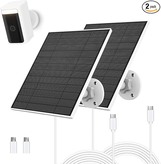 EverExceed 5W Solar Panel Compatible with Wyze Battery Cam Pro, Cam Outdoor V1, Cam Outdoor V2, Solar Panel for Wyze Camera with USB-C Port, Micro USB Adapter, IP65 Waterproof, 2 Pack