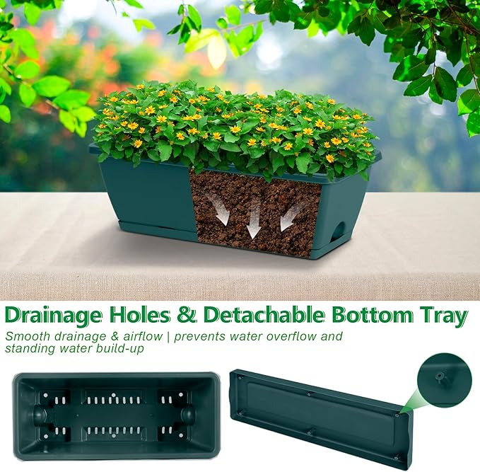 Window Boxes Planters with Adjustable Brackets Set of 2 Outdoor Fence Planters, Over the Deck Railing Planter Box with 6 Pack Hanging Plastic Flower Pots, Drainage Holes for Balcony, Patio, Green