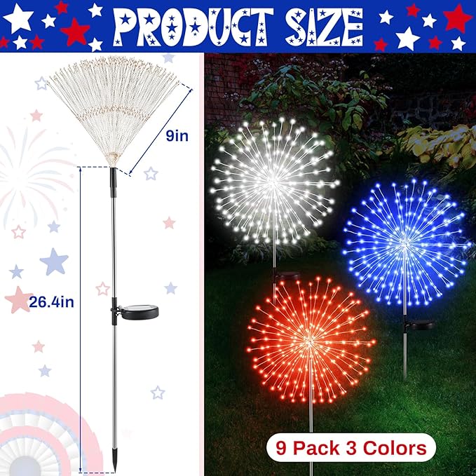 Tujoe 9 Pcs 4th of July Solar Firework Lights Patriotic Solar Light Outdoor Garden 120 LED 8 Modes Waterproof LED Sparkler Light for 250th Anniversary Patio Yard Pathway Walkway (Red,White,Blue)