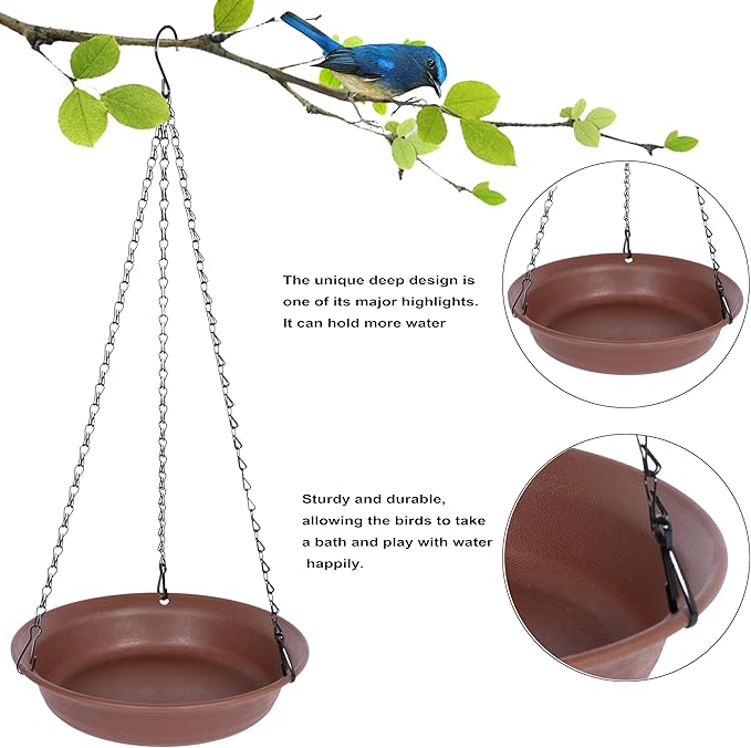VUWEZ Hanging Bird Bath, Hanging Bird Water Feeder for Outdoors, Feeder Bowl, 1 Pack Birdbath Tray Accessories for Outside, Plastic Birdbaths Tray for Garden Patio Decoration (8", Chocolate)