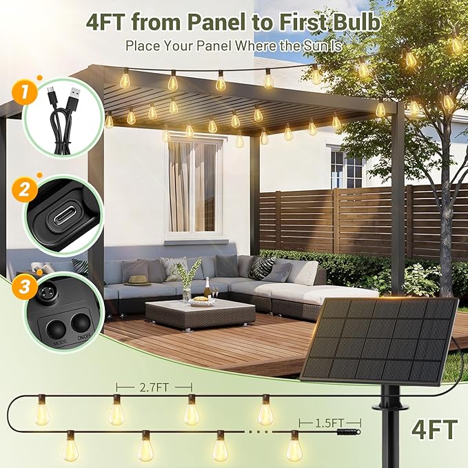 29FT Solar String Lights Outdoor Waterproof 10+1 LED Bulbs, Solar Powered with Remote & USB Port, 3 Light Modes Dimmable Patio Lights for Large Backyard, Garden, Party