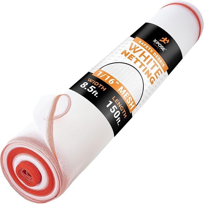 Xpose Safety Debris Netting for Construction – 8.5’ x 150’, 1/6" Mesh Scaffold Safety Net, Temporary Material Roll, Visibility Fence, Heavy-Duty Fire Retardant, White