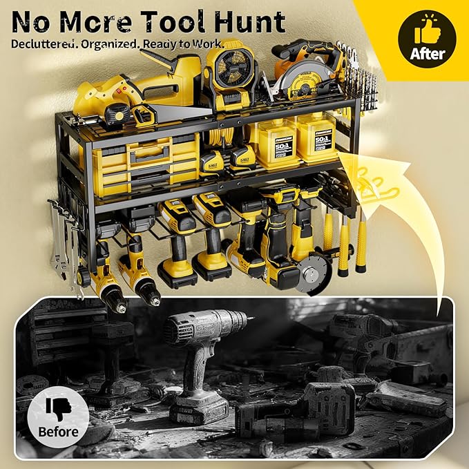 Power Tool Organizer Wall Mount Heavy Duty 320 lbs, 3 Layers Storage Rack with 9 Drill Holders & Battery Storage, cordless tool organizer for Garage, Workshop & Tool Room