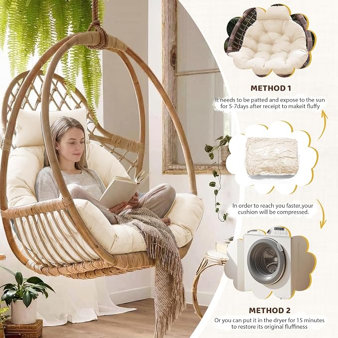 Waterproof Egg Chair Cushion Replacement, 47x33x7 Inches Thicken Outdoor Hanging Chair Cushion with Headrest Pillow, Cushions for Egg Chairs, Cream