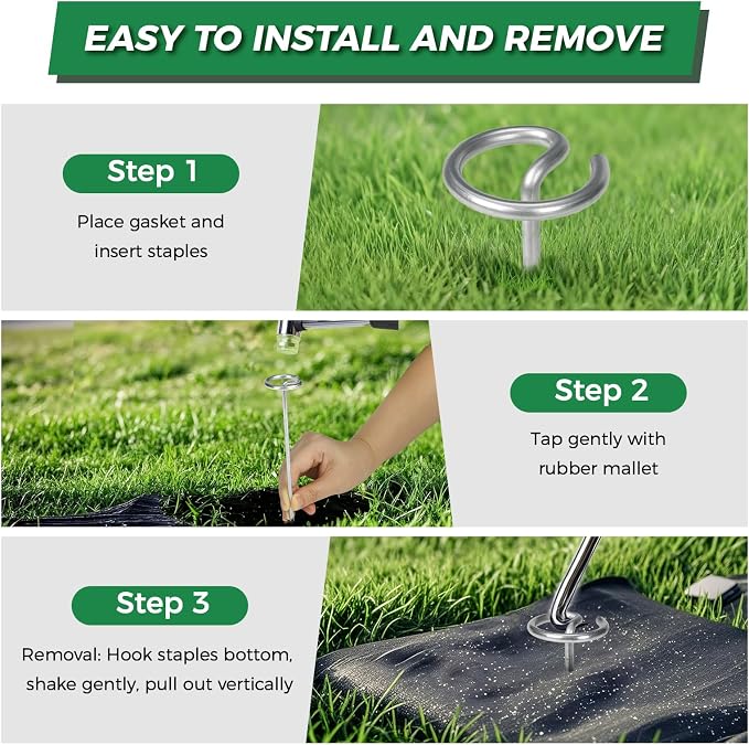 Garden Staples, 150pcs G-Shaped Landscape Stakes, Heavy Duty Weed Barrier Stakes Lawn Staples with Staples Remover and Mallet, Yard Stakes for Lawn Edging, Ground Cover, Outdoor Gardening Projects