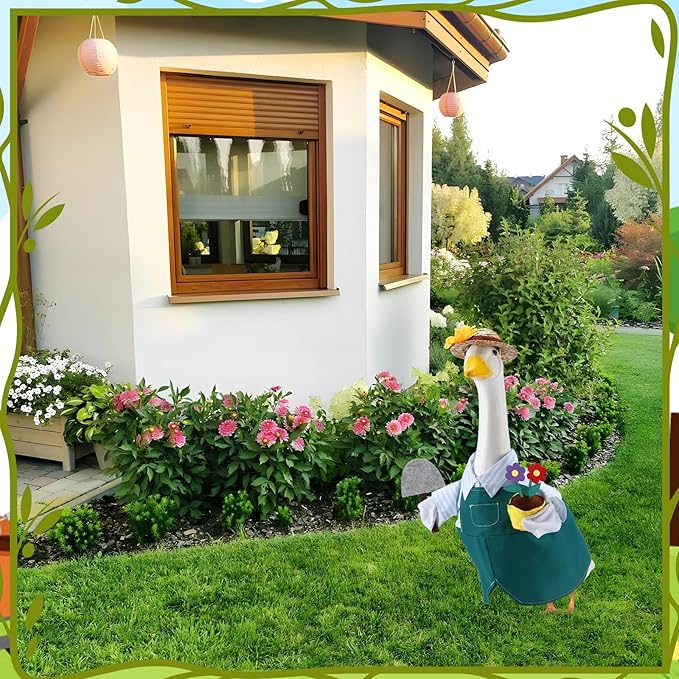 Gardener Porch Goose Outfits for 23 Inch Lawn Statue, Spring Gardener with Flower Pot and Shovel Costume for Plastic/Cement Statue, Summer Sculpture Clothes for Yard Patio Party Decoration