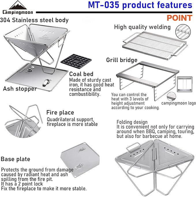 Campingmoon BBQ Grill Fire Pit Foldable Stainless Steel - Medium MT-035