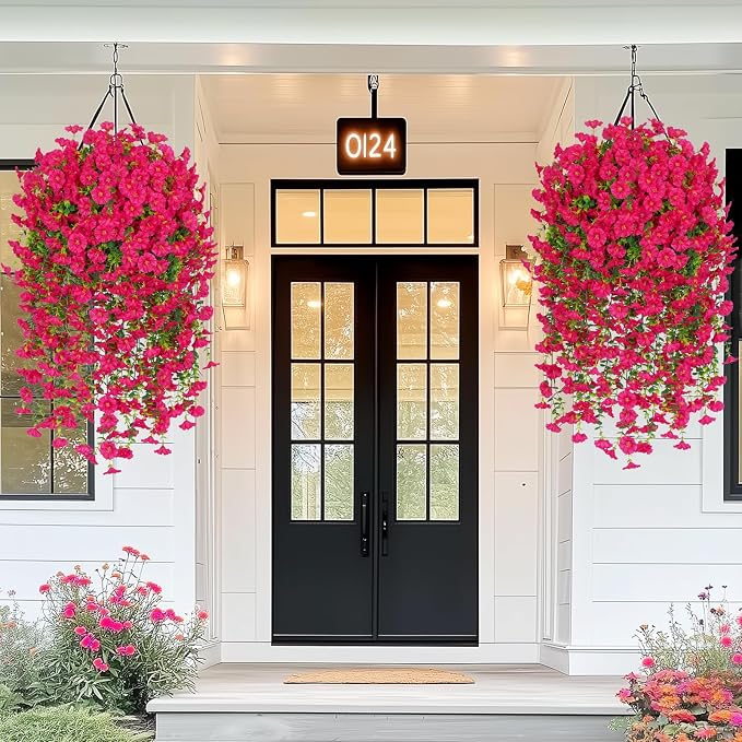 MARTINE MALL 8 Pcs Look Real Artificial Flowers for Outdoors, Realistic Artificial Hanging Flowers for Outdoors, UV Resistant Fake Hanging Plants Silk Petunia Faux Flowers for Porch Patio, Rose Red