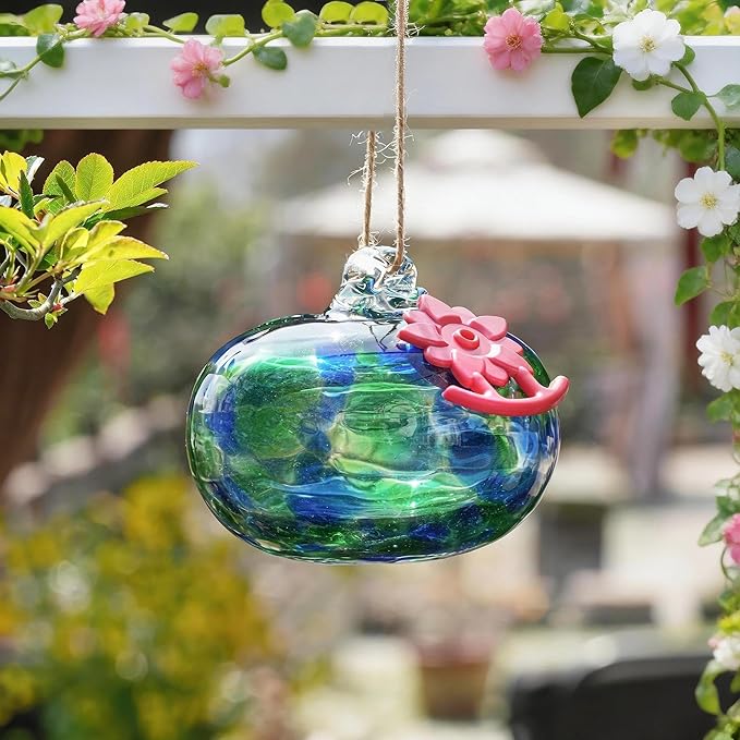 QFkris Blown Glass Hummingbird Feeder for Outdoors Hanging, Small Hummingbird Feeder with Flower Feeding Ports for Outside Garden Backyard Decor, Gifts for Women Mom(Green)
