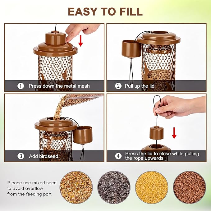 Gbekery Metal Bird Feeders Squirrel Proof for Outdoors Hanging, Brown | Metal Wild Bird Feeders for Small Birds with Weight Activated Perches, Weatherproof and Durable, Perfect for Backyard Garden